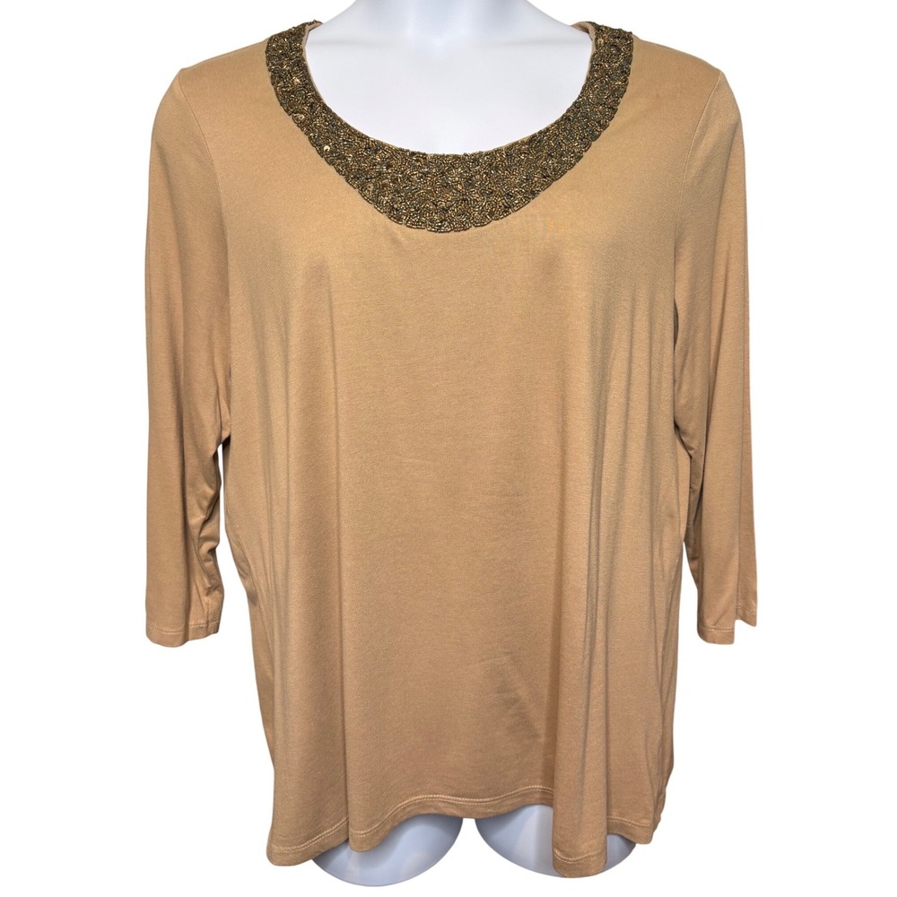 CIHCO'S Tan Beaded Embellished Scoop Neck Top Sz 3/XL Sparkle Glam Dressy-Casual